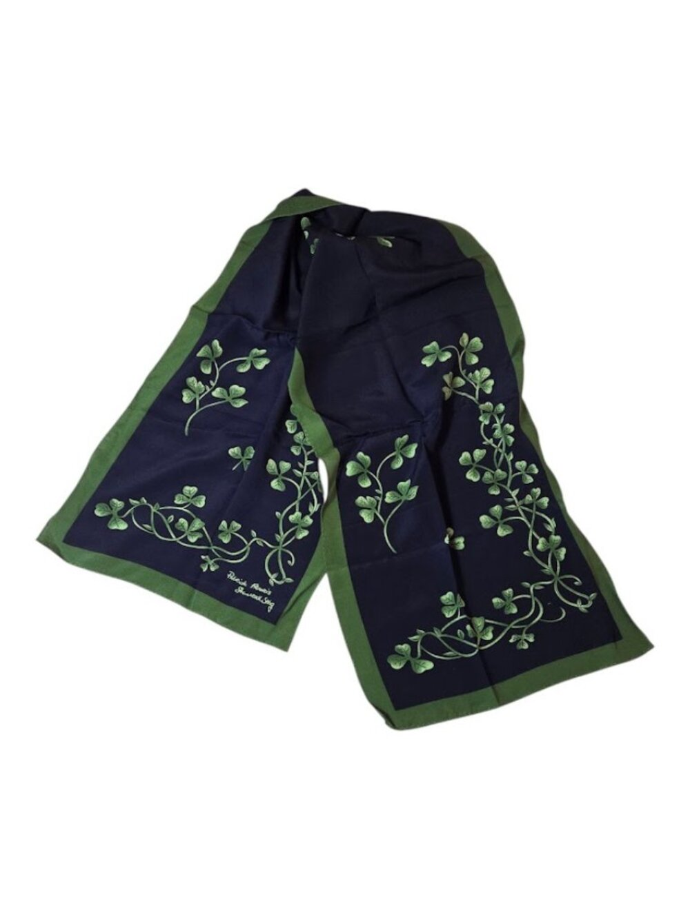 Patrick Francis Ireland Pure Silk Scarf Shamrock Sprig Navy Blue Green Long Neck